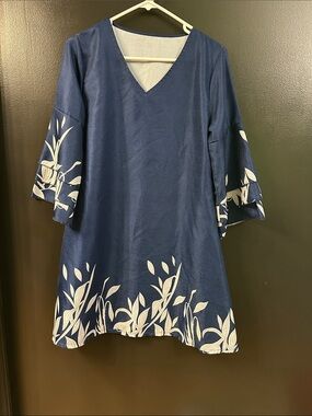 Navy Blue V-Neck A-Line Dress with White Botanical Print